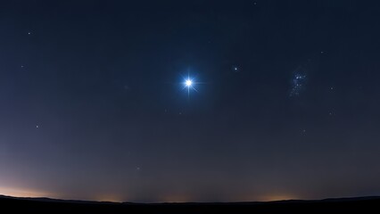 A night sky with a radiant central star accompanied by other smaller stars and a dim distant landscape silhouette at the bottom