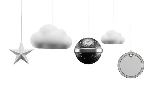 Celestial elements with decorative star, moon, clouds, and a blank tag. isolated on transparent background