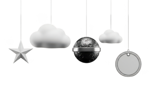 Celestial elements with decorative star, moon, clouds, and a blank tag. isolated on transparent background - Powered by Adobe