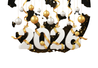 Happy new year 2026 festive celebration with golden ornaments, ribbons, and glitter isolated on transparent background