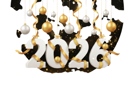 Happy new year 2026 festive celebration with golden ornaments, ribbons, and glitter isolated on transparent background