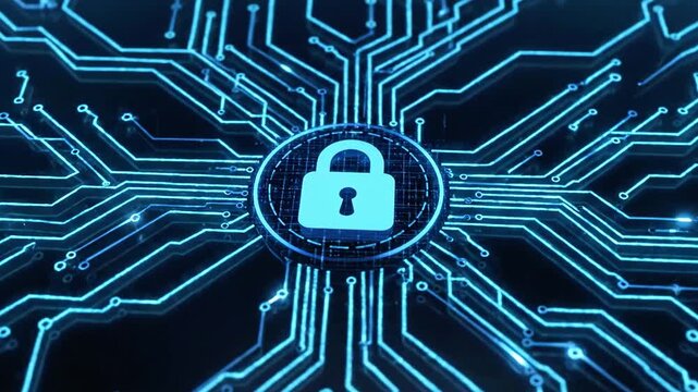 Blue circuitry forms a glowing padlock at the center, symbolizing digital security and encryptionxx