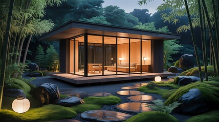 Modern Japanese Zen Garden Retreat with Bamboo Forest