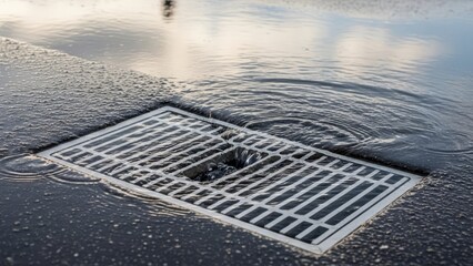 A metal grate sits in a flooded dark concrete surface with water flowing into a central opening Ripples spread across the surface