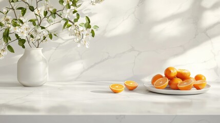 A white marble countertop with a vase of white flowers and a plate of oranges.