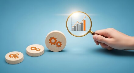 Analyzing business growth with gears and a magnifying glass on blue background