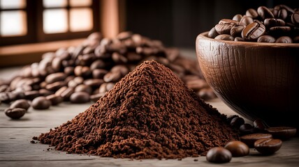 Pile of Coffee Powder with Beans and Bowl