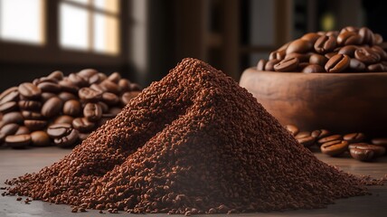 Piles of Instant Coffee Granules and Roasted Coffee Beans