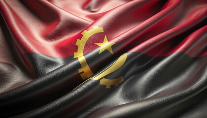 Ultra-realistic close-up of the Angolan national flag gently waving in the wind, showcasing rich fabric texture and vibrant colors