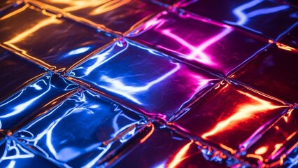 Reflective squares in vibrant hues of blue pink  orange create a glossy tiled pattern Seams intersect light glints off a crumpled surface