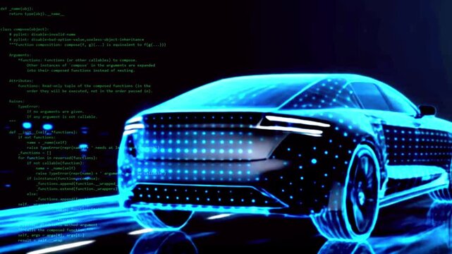 An ultra-modern car in a digital environment. Symbolic video for the future of the automobile. 