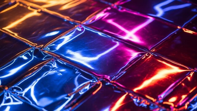 Reflective squares in vibrant hues of blue pink  orange create a glossy tiled pattern Seams intersect light glints off a crumpled surface - Powered by Adobe