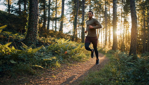 Man jogging along a forest trail sunlight filtering through trees nature scene - Powered by Adobe