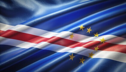 Realistic waving flag of Cabo Verde with stars and stripes, national symbol of the island nation