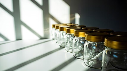 Row of Empty Glass Jars with Golden Lids in Sunlight