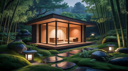 Serene Japanese Garden with Modern Zen House