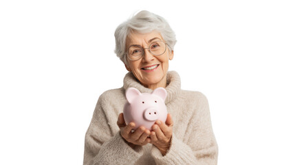 Savings expert shares joy with a piggy bank in hand, AI, PNG