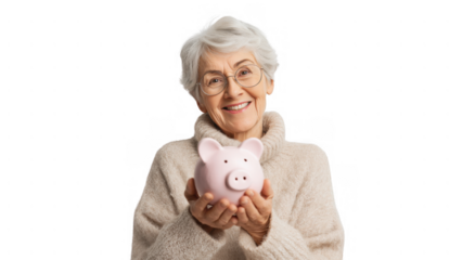 Savings expert shares joy with a piggy bank in hand, AI, PNG