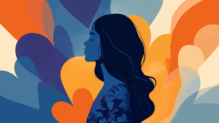 Warm abstract female silhouette with layered circles and botanical shapes symbolizing mindfulness, emotional balance, empowerment, and modern wellness culture in a vibrant presentation background.