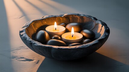 Serene Zen Bowl with Lit Candles and Smooth Stones