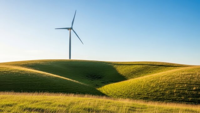 Rolling green hills meet a clear blue sky with a lone wind turbine standing on the crest of a hill