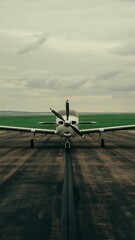 Small Airplane on a Tarmac with Green Fields and Cloudy Sky