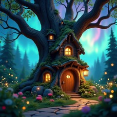 Obraz premium Enchanted forest home nestled in a giant ancient tree with glowing lights