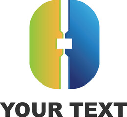 Abstract split oval shape with interlocking middle pieces in vibrant green yellow and blue gradient colors simple vector graphic