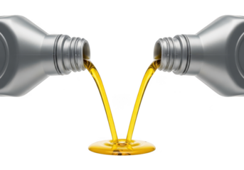 Engine oil pouring from two plastic bottles, streams meeting to form a puddle isolated on transparent background