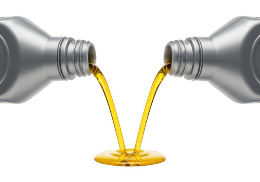 Engine oil pouring from two plastic bottles, streams meeting to form a puddle isolated on transparent background