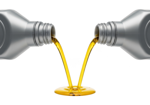 Engine oil pouring from two plastic bottles, streams meeting to form a puddle isolated on transparent background