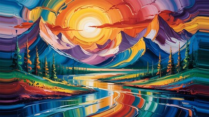 Vibrant Abstract Mountain Landscape with Sun and River