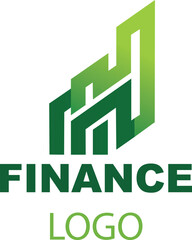 Finance logo design showing abstract letter m shapes forming a green gradient financial growth upward business chart
