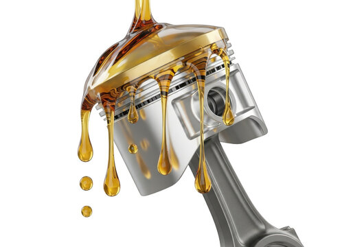 Motor oil lubricating piston of engine on dark background