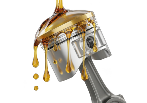 Motor oil lubricating piston of engine on dark background