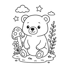 Cute bear cub in the garden with a mushroom and stars © DzgnVibe