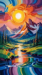 Vibrant Mountain Landscape with Sun and River