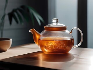 Clear glass teapot with amber tea on wooden table in bright natural light