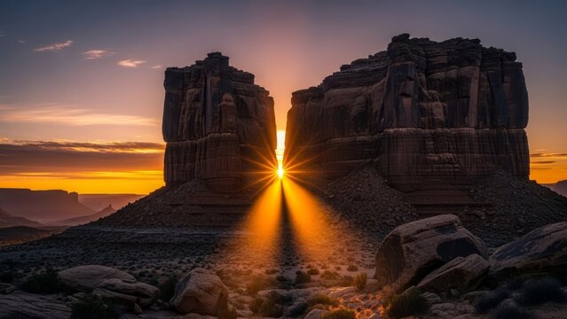 A sunburst radiates from a gap between two mesalike cliffs at dusk set against a desert landscape and a multicolored sky