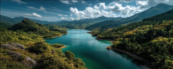Breathtaking mountain valley lake scene with emerald water and lush forested hills