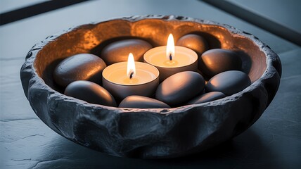 Zen Stones and Candles in a Rustic Bowl