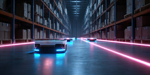 AGV units navigate steady warehouse lanes using automated pathing. Clear industrial environment suitable for corporate use