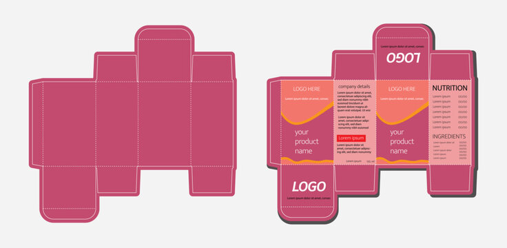 Medicine Product Packaging Box Template. Pink and Orange Pharma Carton Design with Die Cut Layout and Mockup Panels.