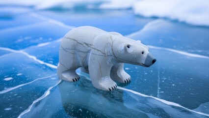 Stone polar bear figure stands on icy blue cracked surface Distant white icebergs in background