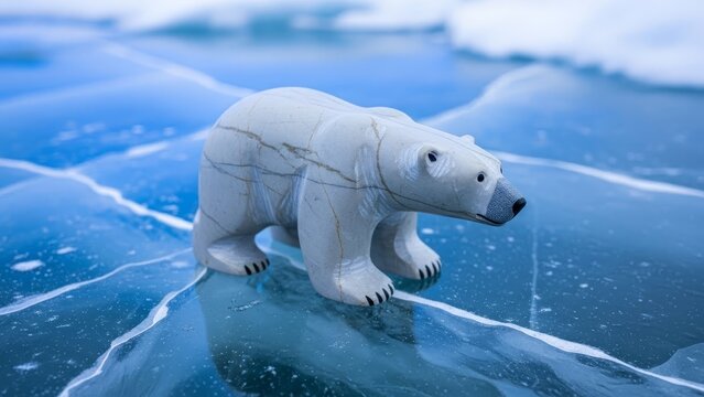 Stone polar bear figure stands on icy blue cracked surface Distant white icebergs in background