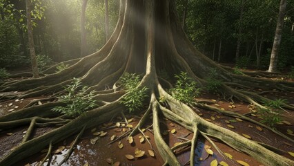 A vast trees buttress roots spread across a forest floor interspersed with small plants and fallen leaves bathed in sunlight