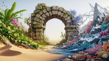 Obraz premium Stone archway spans desert to snowy coral tropical flora on one side a stark mountain view on the other