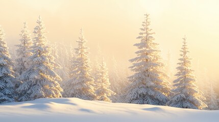 Fototapeta premium A serene winter landscape with snow-covered trees and a soft, warm glow from the sun.