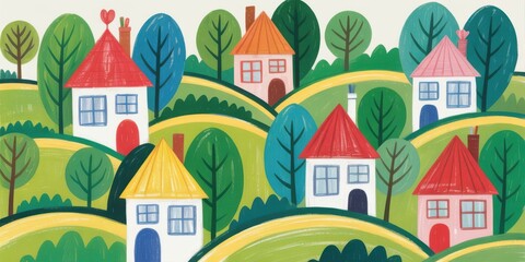 Fototapeta premium Colorful illustrated village houses on green hills with trees