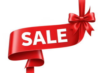 Sale banner with red ribbon and bow on black background